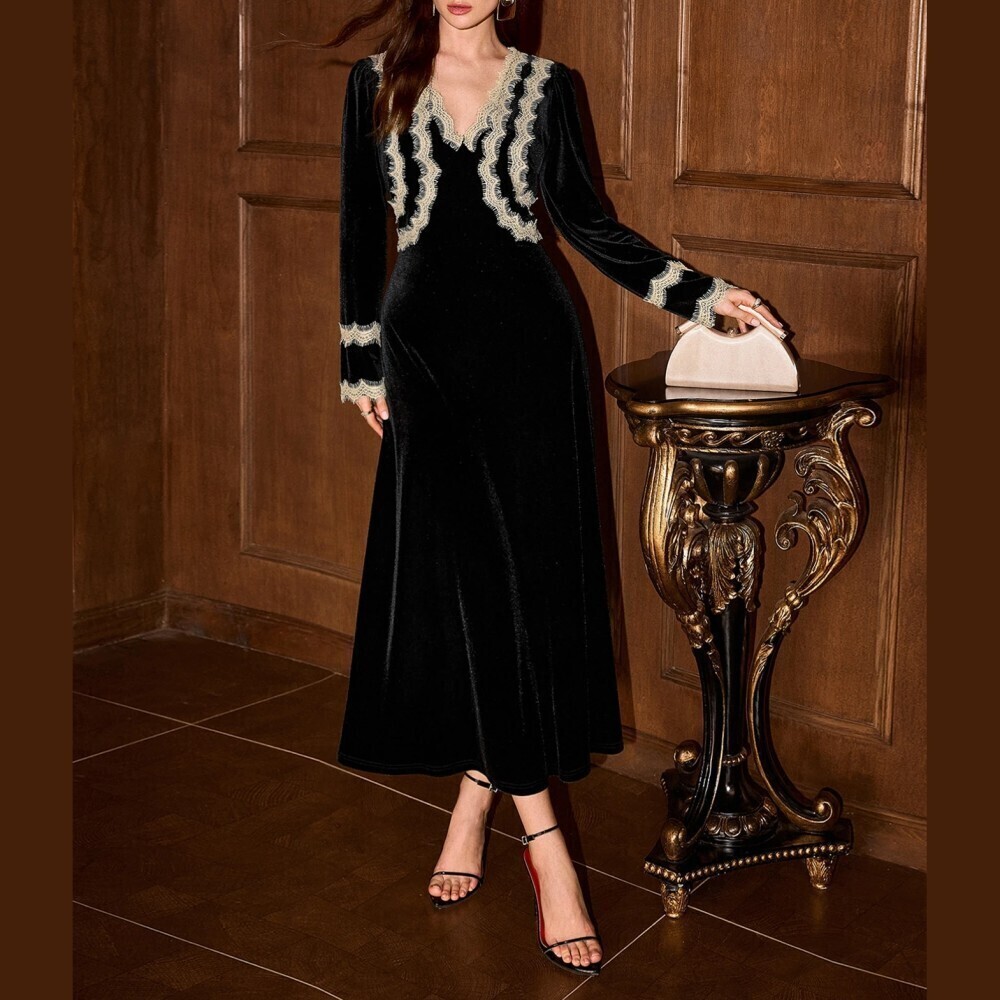 Black Velvet Ivory Lace Trim V Neck Long Sleeve Midi Dress